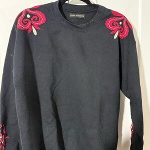 Black Sweater with Red Floral Embroidery Artisan